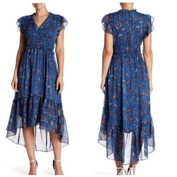 Westport Dresses & Skirts - Westport Size 14 Blue Metallic Burgundy High Low Ruffle Sleeve Dress